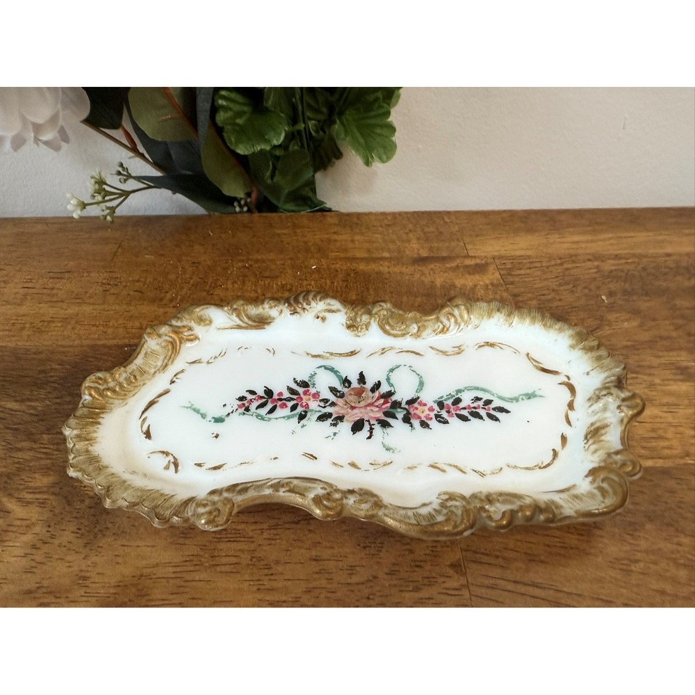Antique Victorian Milk Glass Tray Hand Painted Floral Ribbon Gold‎ Trim Ornate